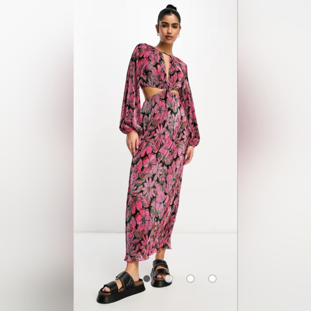 ASOS DESIGN plisse volume sleeve maxi dress with cut outs in black & pink floral